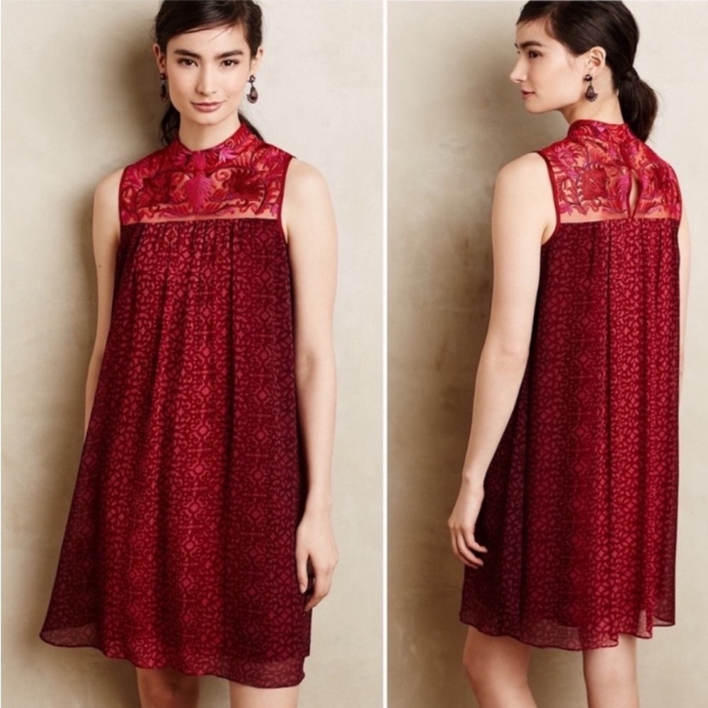 Niki Tlanajan Anthropologie Red Shift Dress Embroidered Sz 2 Mod Pink Mockneck